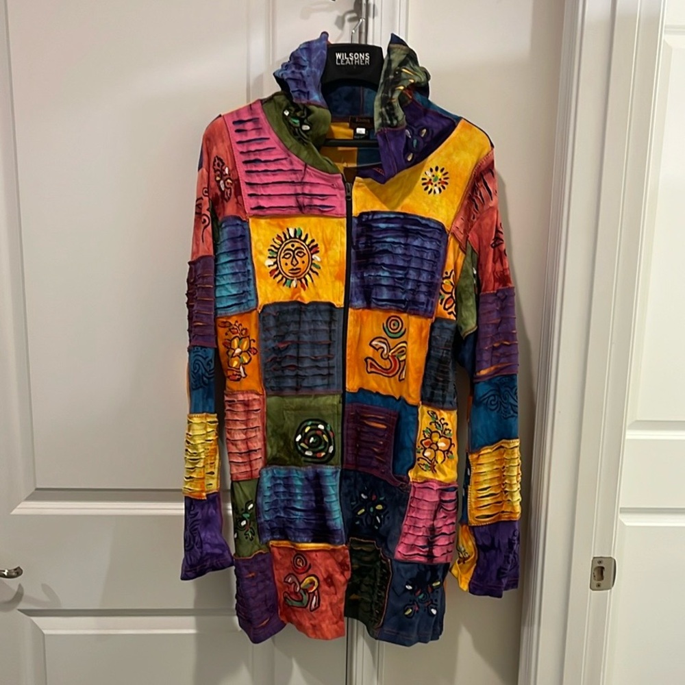Rising International Patchwork Sun Duster Jacket Hoodie Made Nepal Womens 1XL